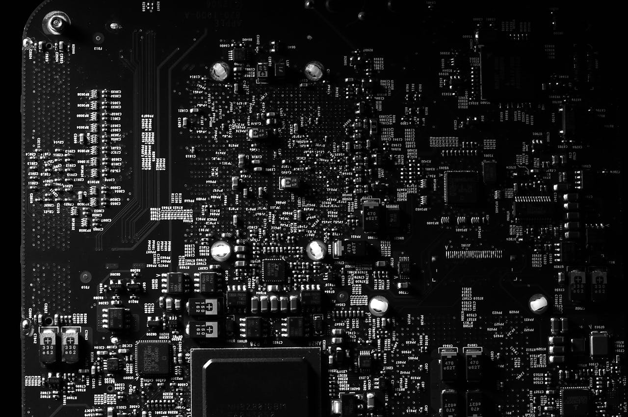 Black and White Photography of a Mother Board